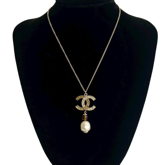 CHANEL Brown Pearl Logo Necklace